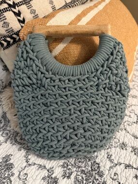 Knitted Blue Mini Tote Bag with Wooden Handles; Travel/Resort/Cruise Bag